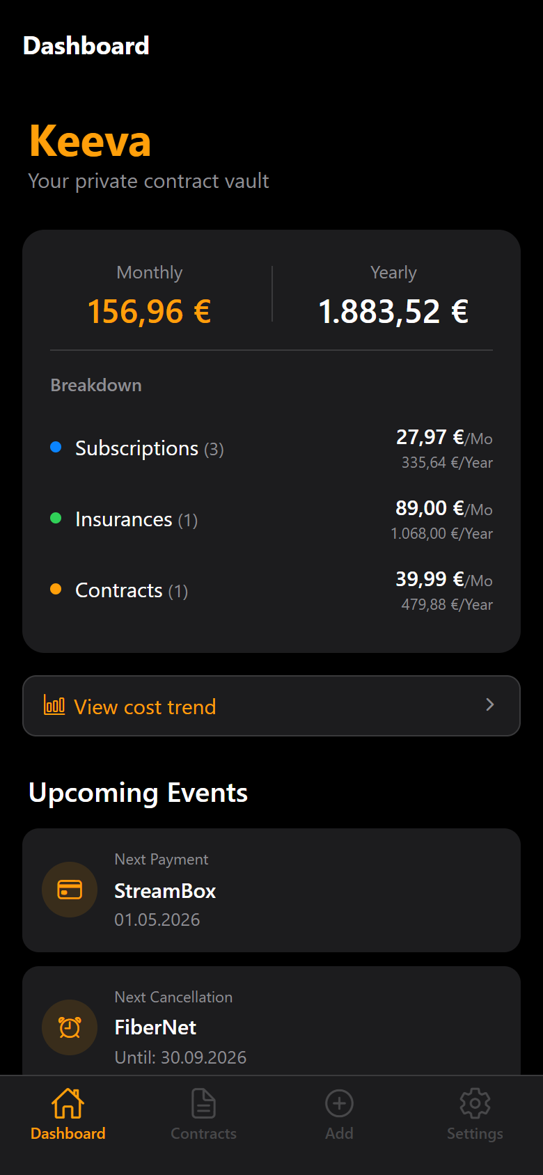Keeva app dashboard showing monthly costs, contract breakdown and upcoming events
